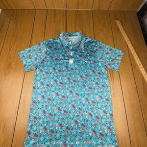 Pins & Aces Medium Golf Polo Shirt Blue Pink‎ Cocktail Print Short Sleeve